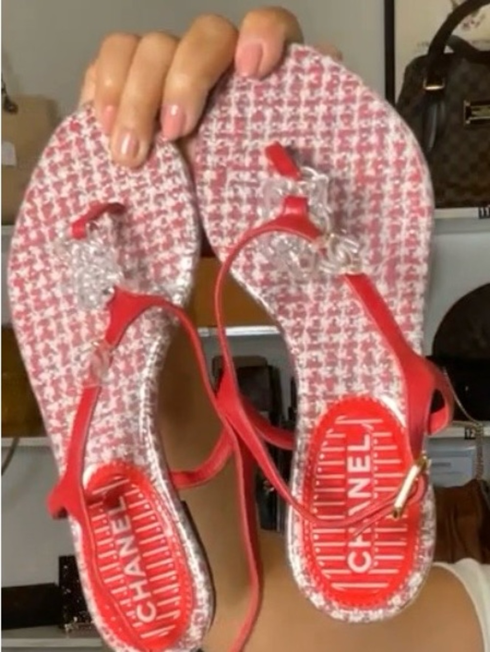 CHANEL Red Tweed Slingback Sandals with Crystal Detail